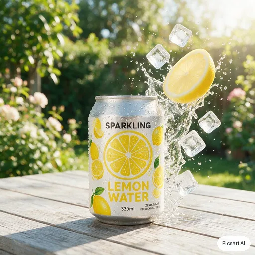 Seedream 5.0 Pro: A can of sparkling lemon water covered in condensation, ice cubes and a lemon slice splashing beside it, bright high-key lighting, crisp commercial look
