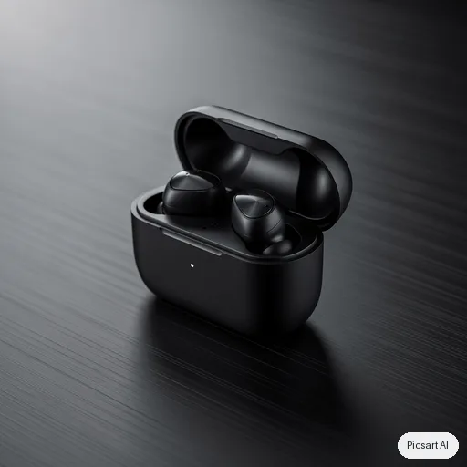 Flux 2 Pro: Premium product photo of matte black wireless earbuds in an open charging case on a dark brushed-metal surface, single soft key light, subtle reflections