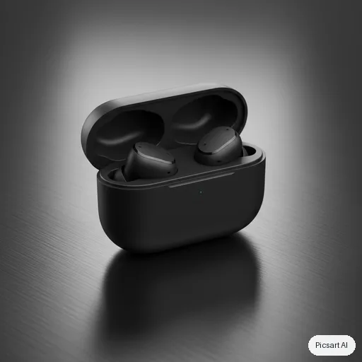 Nano Banana: Premium product photo of matte black wireless earbuds in an open charging case on a dark brushed-metal surface, single soft key light, subtle reflections