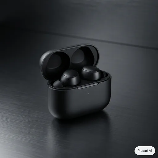 Nano Banana Pro: Premium product photo of matte black wireless earbuds in an open charging case on a dark brushed-metal surface, single soft key light, subtle reflections