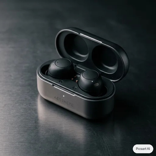 Nano Banana 2: Premium product photo of matte black wireless earbuds in an open charging case on a dark brushed-metal surface, single soft key light, subtle reflections