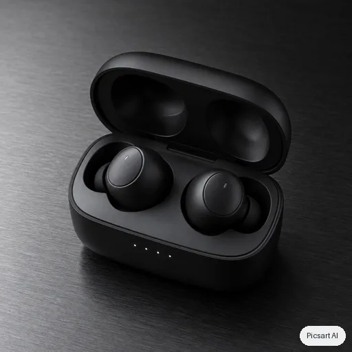 GPT Image 2.5 Sunburst output for: Premium product photo of matte black wireless earbuds in an open charging case on a dark brushed-metal surface, single soft key light, subtle reflections