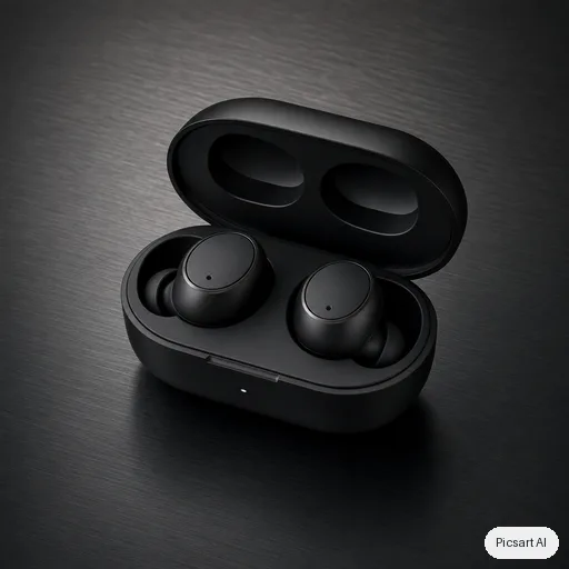 GPT Image 2: Premium product photo of matte black wireless earbuds in an open charging case on a dark brushed-metal surface, single soft key light, subtle reflections