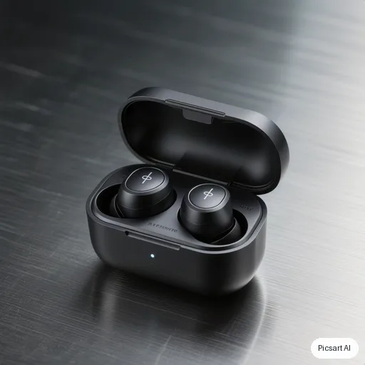 Hunyuan V3: Premium product photo of matte black wireless earbuds in an open charging case on a dark brushed-metal surface, single soft key light, subtle reflections