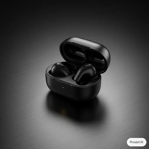Ideogram 4.5: Premium product photo of matte black wireless earbuds in an open charging case on a dark brushed-metal surface, single soft key light, subtle reflections