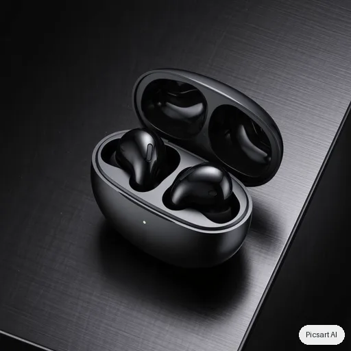 Kling 3.0 Image: Premium product photo of matte black wireless earbuds in an open charging case on a dark brushed-metal surface, single soft key light, subtle reflections
