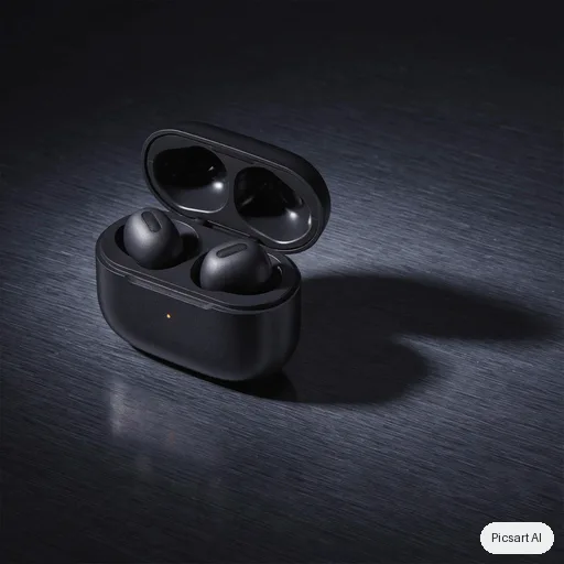 Luma UNI-1: Premium product photo of matte black wireless earbuds in an open charging case on a dark brushed-metal surface, single soft key light, subtle reflections