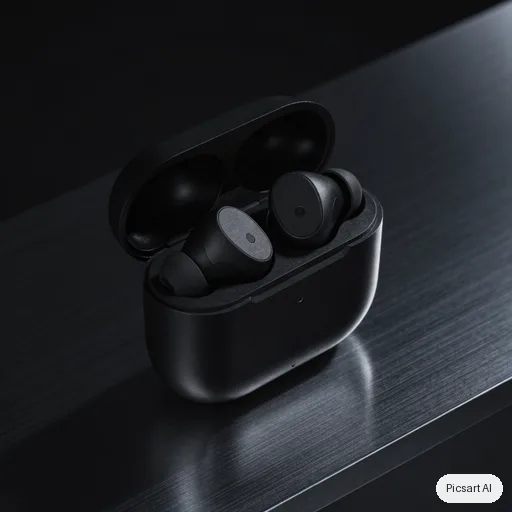 Recraft V4.1: Premium product photo of matte black wireless earbuds in an open charging case on a dark brushed-metal surface, single soft key light, subtle reflections