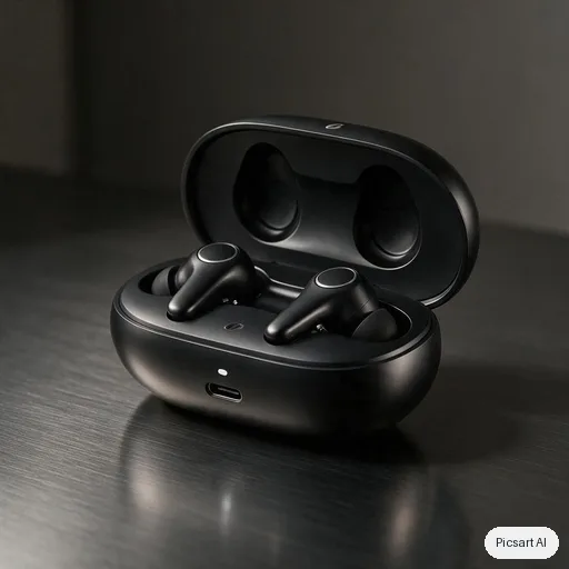 Seedream 5.0 Pro: Premium product photo of matte black wireless earbuds in an open charging case on a dark brushed-metal surface, single soft key light, subtle reflections