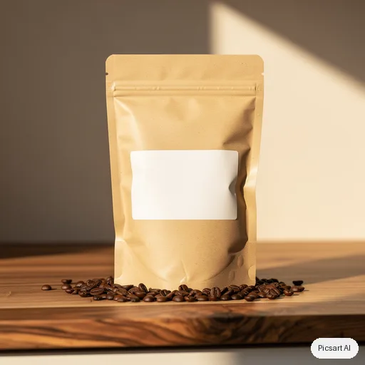 Flux 2 Pro: kraft paper coffee bag with a simple blank label on a wooden counter next to scattered coffee beans, morning light from the side