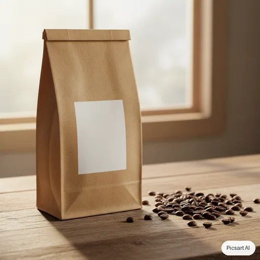 Nano Banana: kraft paper coffee bag with a simple blank label on a wooden counter next to scattered coffee beans, morning light from the side