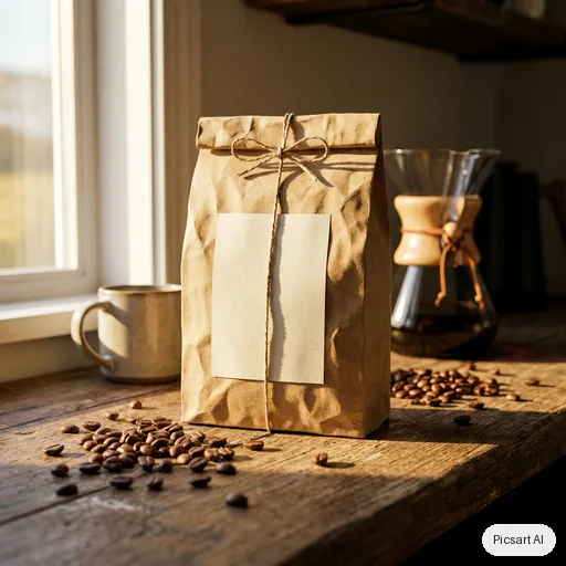 Nano Banana Pro: kraft paper coffee bag with a simple blank label on a wooden counter next to scattered coffee beans, morning light from the side