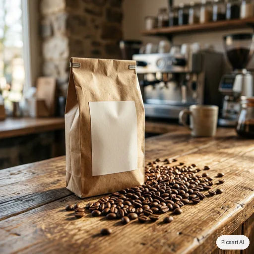 Nano Banana 2: kraft paper coffee bag with a simple blank label on a wooden counter next to scattered coffee beans, morning light from the side