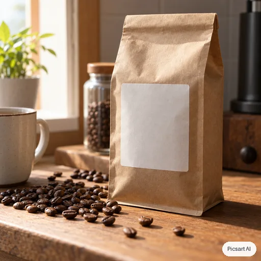 GPT Image 2.5 Sunburst: kraft paper coffee bag with a simple blank label on a wooden counter next to scattered coffee beans, morning light from the side