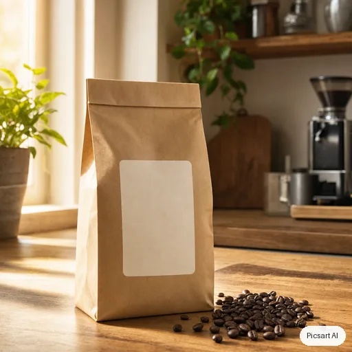 GPT Image 2: kraft paper coffee bag with a simple blank label on a wooden counter next to scattered coffee beans, morning light from the side