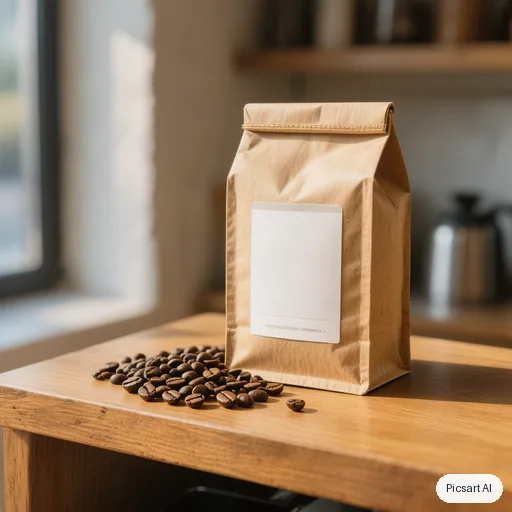 Hunyuan V3: kraft paper coffee bag with a simple blank label on a wooden counter next to scattered coffee beans, morning light from the side