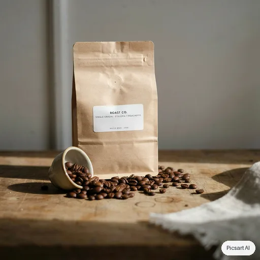 Ideogram 4.5: kraft paper coffee bag with a simple blank label on a wooden counter next to scattered coffee beans, morning light from the side