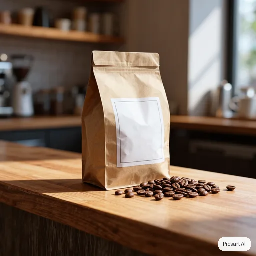 Kling 3.0 Image: kraft paper coffee bag with a simple blank label on a wooden counter next to scattered coffee beans, morning light from the side
