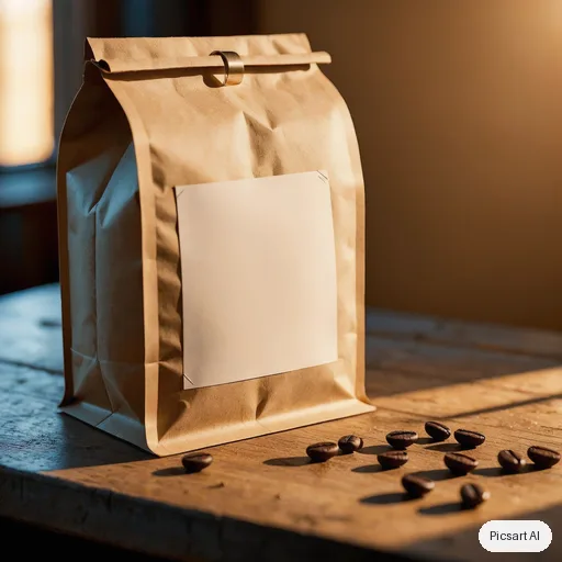 Luma UNI-1: kraft paper coffee bag with a simple blank label on a wooden counter next to scattered coffee beans, morning light from the side