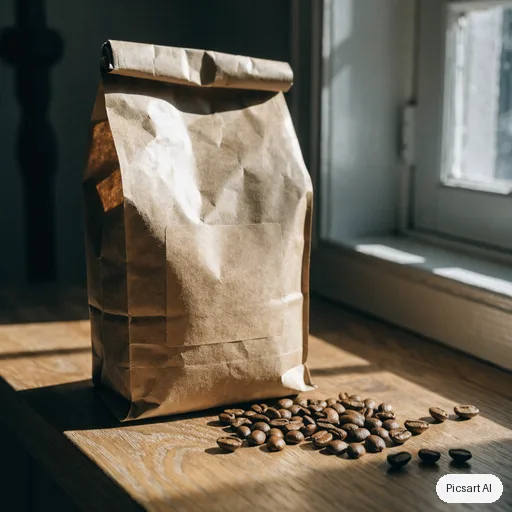 Recraft V4.1: kraft paper coffee bag with a simple blank label on a wooden counter next to scattered coffee beans, morning light from the side