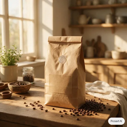 Seedream 5.0 Pro: kraft paper coffee bag with a simple blank label on a wooden counter next to scattered coffee beans, morning light from the side