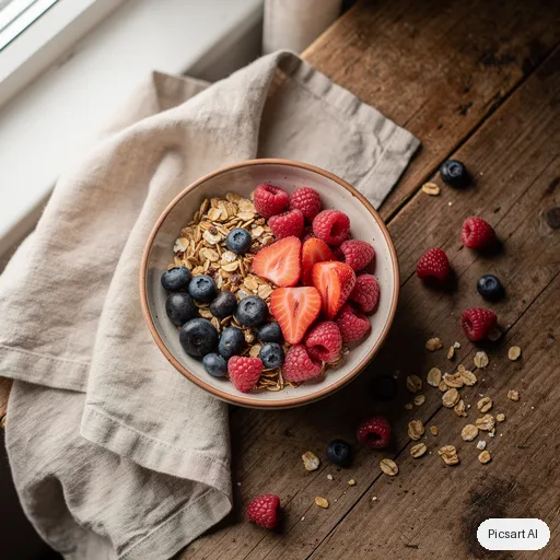 Flux 2 Pro: Lifestyle shot of a handmade ceramic bowl of granola with berries and a linen napkin, overhead view, soft natural light, muted earthy tones