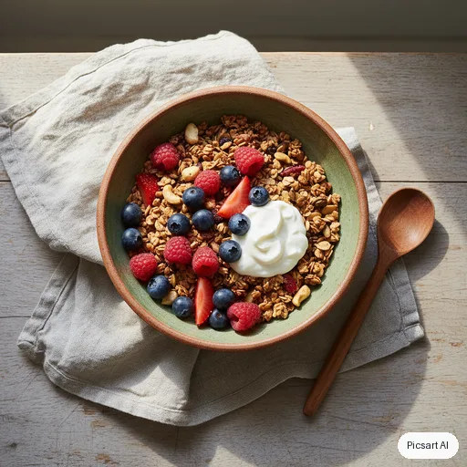 Nano Banana: Lifestyle shot of a handmade ceramic bowl of granola with berries and a linen napkin, overhead view, soft natural light, muted earthy tones