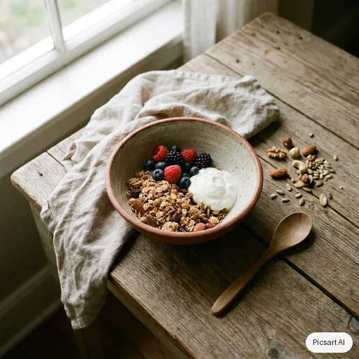 Nano Banana Pro: Lifestyle shot of a handmade ceramic bowl of granola with berries and a linen napkin, overhead view, soft natural light, muted earthy tones