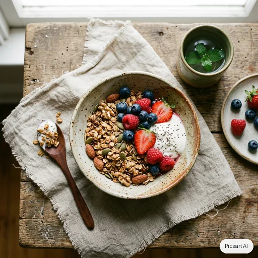 Nano Banana 2: Lifestyle shot of a handmade ceramic bowl of granola with berries and a linen napkin, overhead view, soft natural light, muted earthy tones
