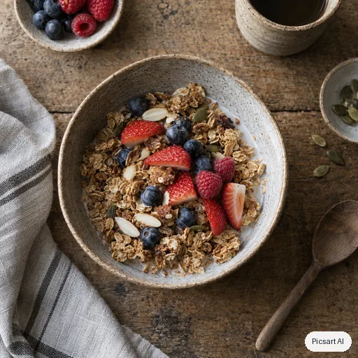 GPT Image 2.5 Sunburst: Lifestyle shot of a handmade ceramic bowl of granola with berries and a linen napkin, overhead view, soft natural light, muted earthy tones
