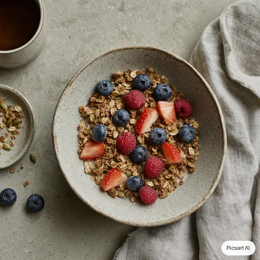 GPT Image 2: Lifestyle shot of a handmade ceramic bowl of granola with berries and a linen napkin, overhead view, soft natural light, muted earthy tones