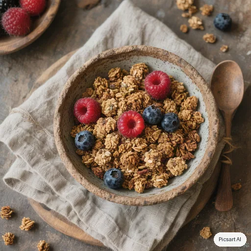 Hunyuan V3: Lifestyle shot of a handmade ceramic bowl of granola with berries and a linen napkin, overhead view, soft natural light, muted earthy tones