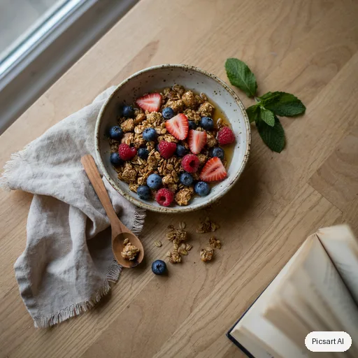 Ideogram 4.5: Lifestyle shot of a handmade ceramic bowl of granola with berries and a linen napkin, overhead view, soft natural light, muted earthy tones