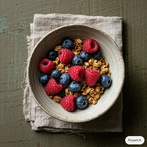 Kling 3.0 Image: Lifestyle shot of a handmade ceramic bowl of granola with berries and a linen napkin, overhead view, soft natural light, muted earthy tones