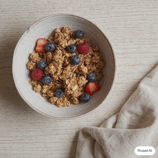 Luma UNI-1: Lifestyle shot of a handmade ceramic bowl of granola with berries and a linen napkin, overhead view, soft natural light, muted earthy tones