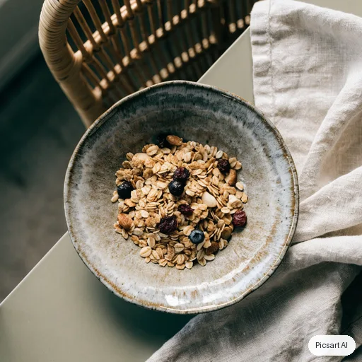 Recraft V4.1: Lifestyle shot of a handmade ceramic bowl of granola with berries and a linen napkin, overhead view, soft natural light, muted earthy tones
