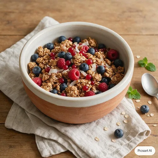 Seedream 5.0 Pro: Lifestyle shot of a handmade ceramic bowl of granola with berries and a linen napkin, overhead view, soft natural light, muted earthy tones