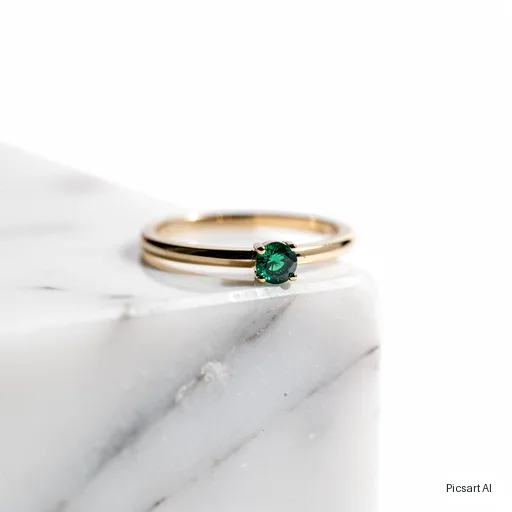 Flux 2 Pro: Macro product photo of a thin gold ring with a small emerald on a white marble block, shallow depth of field, soft shadow, luxury catalogue style