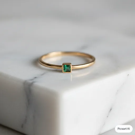 Nano Banana: Macro product photo of a thin gold ring with a small emerald on a white marble block, shallow depth of field, soft shadow, luxury catalogue style