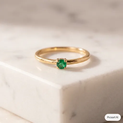 Nano Banana Pro: Macro product photo of a thin gold ring with a small emerald on a white marble block, shallow depth of field, soft shadow, luxury catalogue style