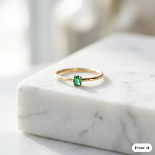 Nano Banana 2: Macro product photo of a thin gold ring with a small emerald on a white marble block, shallow depth of field, soft shadow, luxury catalogue style