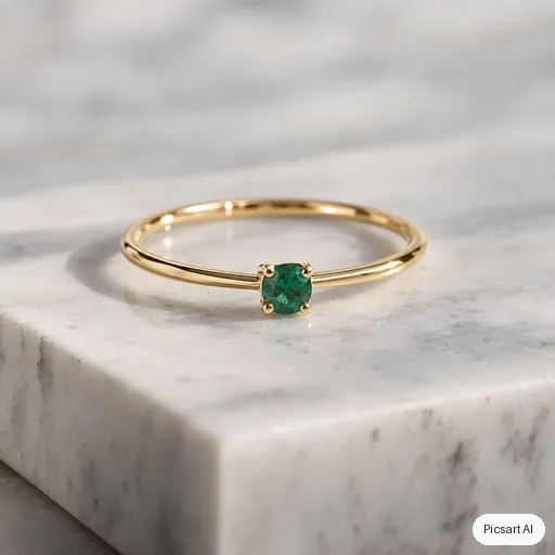 GPT Image 2.5 Sunburst output for: Macro product photo of a thin gold ring with a small emerald on a white marble block, shallow depth of field, soft shadow, luxury catalogue style