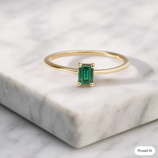 GPT Image 2: Macro product photo of a thin gold ring with a small emerald on a white marble block, shallow depth of field, soft shadow, luxury catalogue style