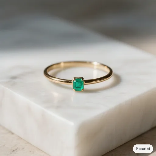 Hunyuan V3: Macro product photo of a thin gold ring with a small emerald on a white marble block, shallow depth of field, soft shadow, luxury catalogue style