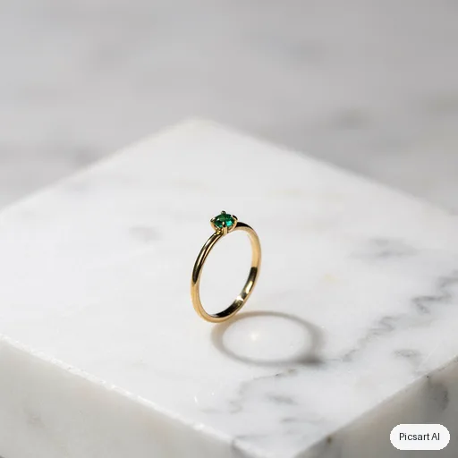 Ideogram 4.5: Macro product photo of a thin gold ring with a small emerald on a white marble block, shallow depth of field, soft shadow, luxury catalogue style