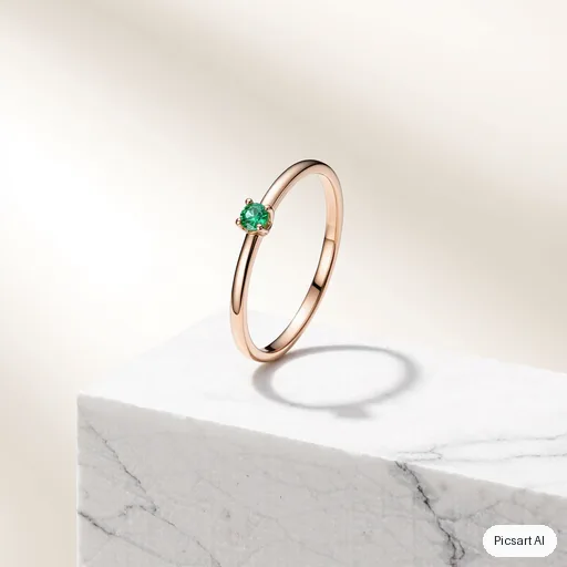 Kling 3.0 Image: Macro product photo of a thin gold ring with a small emerald on a white marble block, shallow depth of field, soft shadow, luxury catalogue style