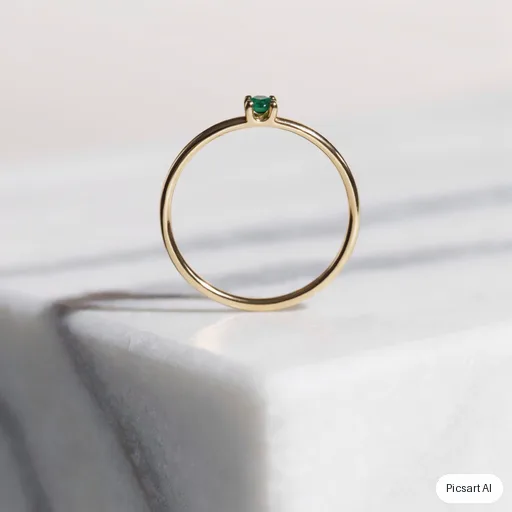 Luma UNI-1: Macro product photo of a thin gold ring with a small emerald on a white marble block, shallow depth of field, soft shadow, luxury catalogue style