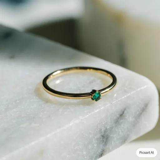 Recraft V4.1: Macro product photo of a thin gold ring with a small emerald on a white marble block, shallow depth of field, soft shadow, luxury catalogue style