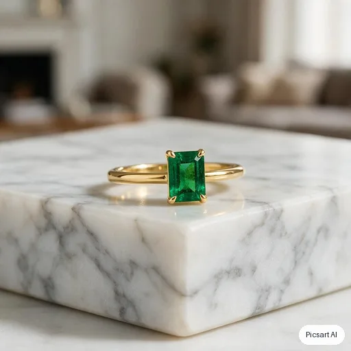 Seedream 5.0 Pro: Macro product photo of a thin gold ring with a small emerald on a white marble block, shallow depth of field, soft shadow, luxury catalogue style