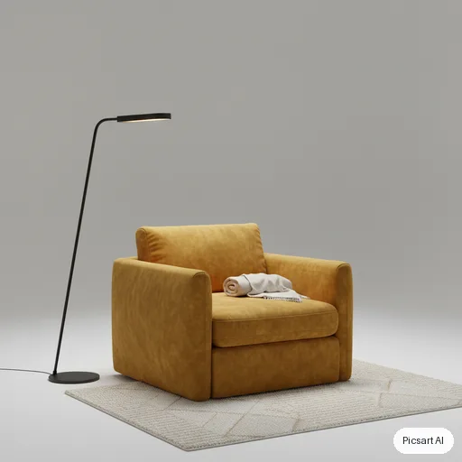 Nano Banana: mustard velvet armchair, studio catalog shot
